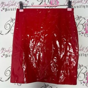 Boohoo skirt wet look faux leather red sexy fire engine red tight bodycon mini